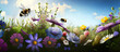 bees flying over colorful flowers in sunny bright day wide background banner with copyspace area