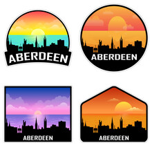 Aberdeen Scotland Skyline Silhouette Retro Vintage Sunset Aberdeen Lover Travel Souvenir Sticker Vector Illustration SVG EPS AI
