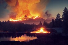 Evening Landscape With Burning Castle On A Mountain And Giant Fireball From Trebuche Comming From Side Mirroring In Lake With Some Trees, Generative AI