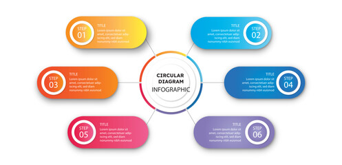 Naklejka na meble Business infographic process with circle template design with icons and 6 options or steps. Professional inforgraphic or info chart template isolated on white background with multiple colours	
