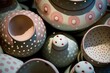 Aerial view of hand-made pottery with polka dots pattern. AI-generated