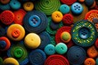 Closeup of an aerial view of colorful plastic buttons in different sizes. AI-generated.