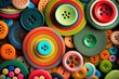 Closeup of an aerial view of a collection of colorful plastic buttons in different sizes. AI-generated.