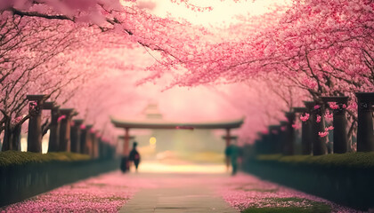 Sakura Cherry blossoming alley. Wonderful scenic park with rows of blooming cherry sakura trees in spring. Pink flowers of cherry tree. digital ai art