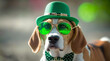 Cute dog in a leprechaun hat, green bow tie and green glasses. St. Patrick's holiday party. digital art
