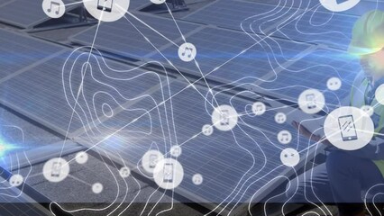 Poster - Animation of network of digital icons over caucasian male worker setting up solar panels on the roof