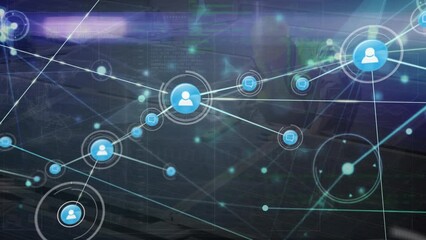 Poster - Animation of network of digital icons over caucasian male worker setting up solar panels on the roof