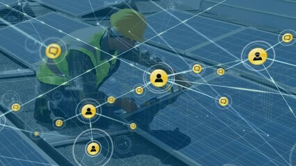 Poster - Animation of network of digital icons over caucasian male worker setting up solar panels on the roof