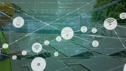 Poster - Animation of network of digital icons over caucasian male worker setting up solar panels on the roof
