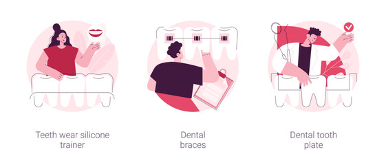 Poster - Orthodontic care abstract concept vector illustration set. Teeth wear silicone trainer, dental braces, tooth plate, crowded tooth treatment, teeth aligner and retainer, brackets abstract metaphor.