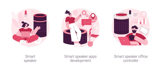 Poster - Internet of things abstract concept vector illustration set. Smart speaker apps development and office controller, virtual home automation hub, speech recognition, voice assistant abstract metaphor.