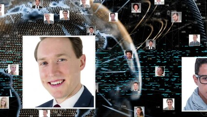 Poster - Animation of network of profile icons over spinning globe and light trails against black background