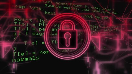 Poster - Animation of security padlock icon, pink light trails and data processing against black background