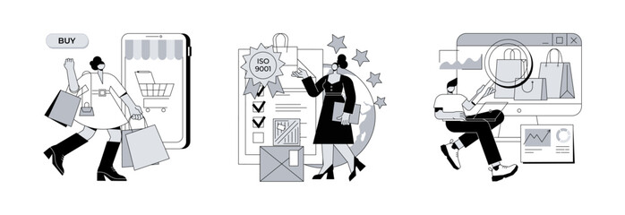 Poster - Customer satisfaction abstract concept vector illustration set. Consumer society, product quality, market research studies, retail app, customer habit and need research, focus group abstract metaphor.