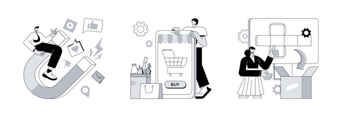Poster - Mobile retail shopping abstract concept vector illustration set. Engagement marketing, digital supermarket and packaging, online commerce, smm strategy, online payment, AR labels abstract metaphor.