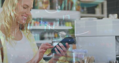 Poster - Animation of data processing over caucasian woman using credit card to make payment at cafe