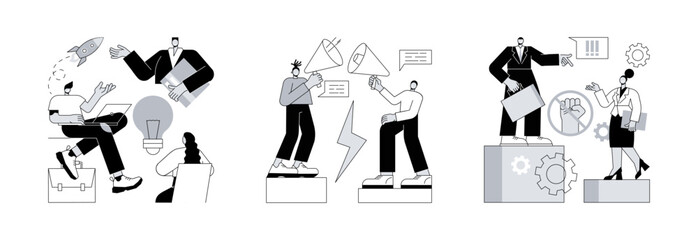 Poster - Corporate culture abstract concept vector illustration set. Workplace culture, communication gap, racial discrimination, company team, body language, bullying and harassment abstract metaphor.