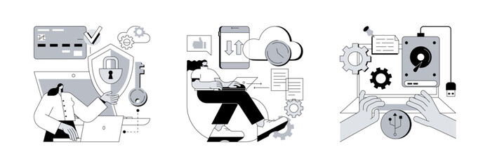 Poster - data protection and recovery abstract concept vector illustration set. cyber security software, auto