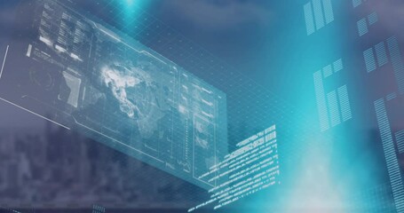 Poster - Animation of interface with data processing and blue light spot against aerial view of cityscape