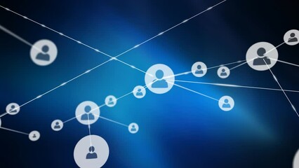 Animation of network of profile icons over blue glowing effect against black background