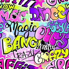 Aufkleber - Abstract seamless graffiti print for girl. Urban style modern background with words and spray elements. Cool pattern in street style.