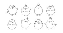 Chick Egg, Easter Chicken Vector Icon, Cute Line Bird With Shell, Outline Character Set Coloring Page. Black Animal Illustration Isolated On White Background
