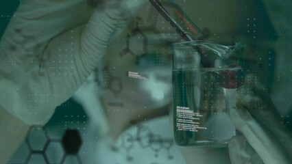 Poster - A digital animation of data processing, with a scientist pouring liquid into a beaker