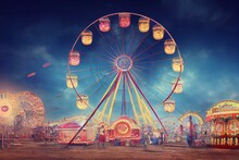 An Abandoned Carnival With A Ferris Wheel On A Cloudy Day. Digital Illustration. AI. Generative AI