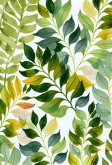 Tree leaves watercolor pattern on white background. Artistic drawn pastel botanical plants painting. AI generated creative decorative floral green vertical poster.