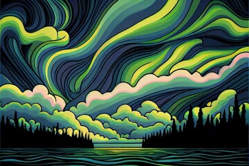 fantasy cartoon northern sky abstract background. dream night landscape with bright vivid northern l