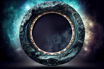 Wall Mural - An empty stone circle frame on black background. Detailed natural rock texture. Magic light. Ai generated abstract illustration with a circle frame made of stone.