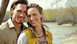 © Get Stock - A Happy and Joyful Caucasian Couple in Riverside in Beautiful, Romantic and Cheerful Spring: A Celebration of Happiness, Nature's Beauty, and Love (generative AI