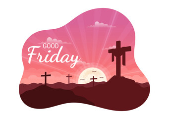 Happy Good Friday Illustration with Christian Holiday of Jesus Christ Crucifixion in Flat Cartoon Hand Drawn for Web Banner or Landing Page Templates