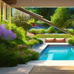 Wall Mural - a backyard with a garden, a lawn, and a swimming pool1, Generative AI