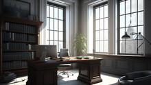 Law firm office with large window. created with Generative AI technology.