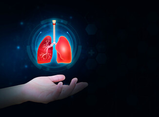 Lungs. Lung problems, tuberculosis, lung cancer. Digital and modern health, pneumoconiosis. NMC. Black human organ in poor condition. The hand holds a digital lung on dark blue background