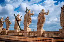 Jesus Christ And Saints On Roof Of Saint Peters Basilica, In Vatican City, Rome, Italy