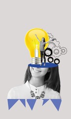 Collage of young woman with light bulb inside head