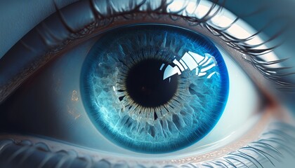 Blue human eye macro background with black pupil. Generative AI technology.