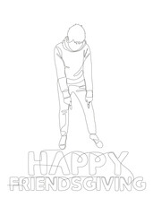 Poster - One continuous line of Man pointing with finger at Happy Friendsgiving word. Thin Line Illustration vector concept. Contour Drawing Creative ideas.