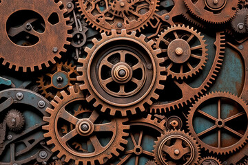 Vintage rusty Machinery gears steampunk background. Generative AI