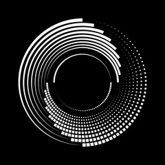 Wall Mural - White halftone square dots and lines in spiral form. Segmented circle. Helix. Geometric art. Circular shape. Trendy design element for border frame, round logo, tattoo, sign, symbol, web pages, print