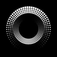 Wall Mural - White square halftone dots in circle form. Geometric art. Vector illustration. Circular shape. Trendy design element for border frame, round logo, tattoo, sign, symbol, web pages, print