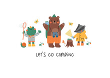 Cute Cartoon Summer Camping. Adventure, Tourist Areas, Camp And Bear, Frog, Badger. Colorful Vector Outdoor Illustration In Flat Cartoon Style.