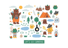 Cute Cartoon Summer Camping. Adventure, Tourist Areas, Camp And Bear, Frog, Badger. Colorful Vector Outdoor Illustration In Flat Cartoon Style.