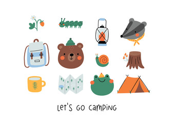 cute cartoon summer camping. adventure, tourist areas, camp and bear, frog, badger. colorful vector 