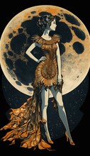Art Nouveau Girl In Front Of The Moon Made With Generative Ai