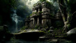 Lost temple in the forest, maya or Aztec ancient temple ruin in rainforest illustration, generative AI