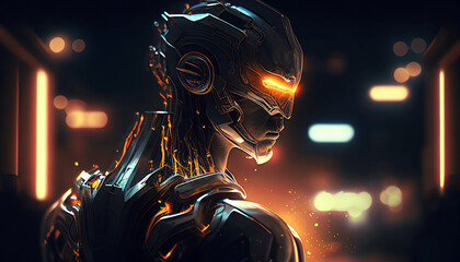 Futuristic robot or cyborg wearing virtual reality headset at cyber. Cyborg or humanoid character with futuristic background. Fantacy. Generative AI