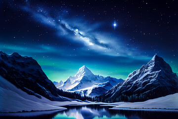 futuristic illustration milky way over mountain valley. Generative AI
